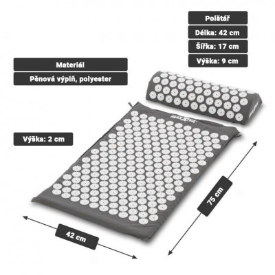 MAXXIVA Akupresúrna podložka s vankúšom, 75x42 cm, sivá