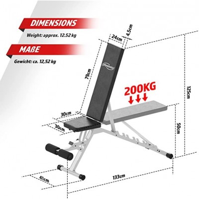 PHYSIONICS multi. posilňovacia lavica, 126 x 41 x 49-126 cm