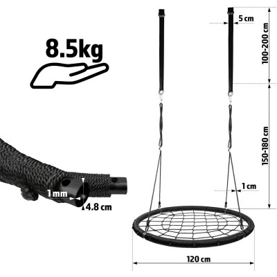 Physionics sieťová hojdačka v tvare kruhu, 120 cm, čierna