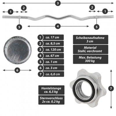 MAXXIVA liatinový obojručný set zo závažím, 120 cm, 26 kg