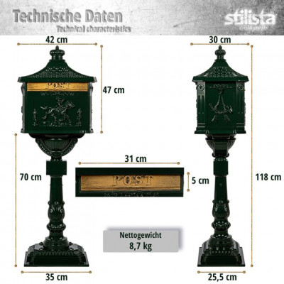 STILISTA Starožitná poštová schránka, 118 cm, červená