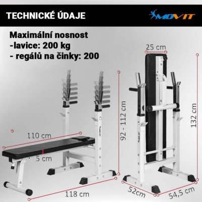 MOVIT Posilňovacia lavica, biela, 1180 x 545 x 1120 mm